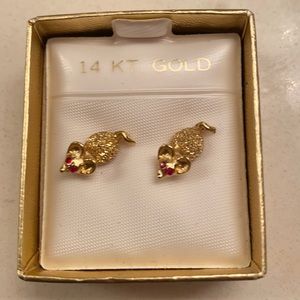 14 KT Gold mice earrings with ruby eyes and diamond accents!